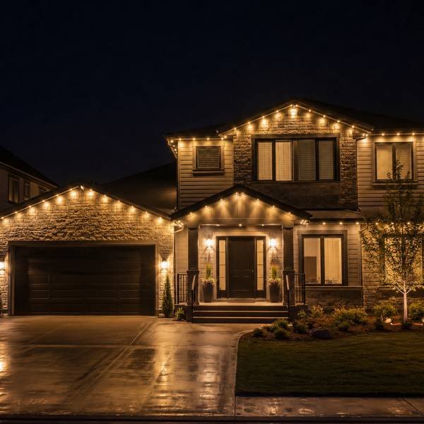 Front elevation of a home with warm permanent roofline lights